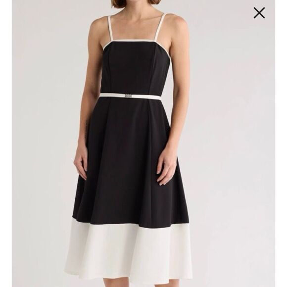 Marina Black White Color Block Belted A-Line Midi Party Dress NWT Size Large - Picture 1 of 9